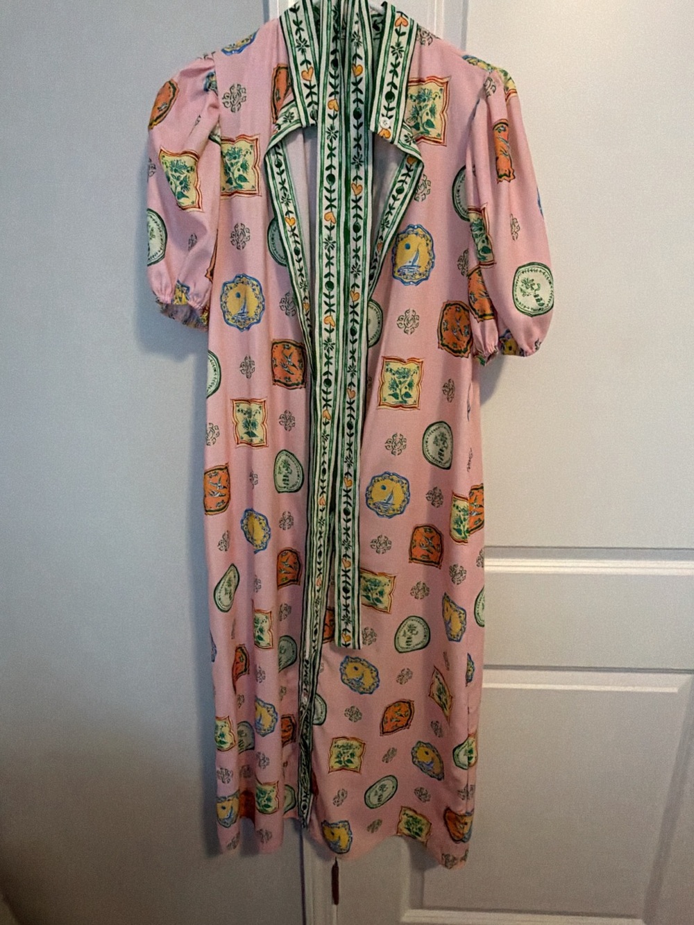 Pink Printed Maxi Dress with Green Trim and Puff Sleeves